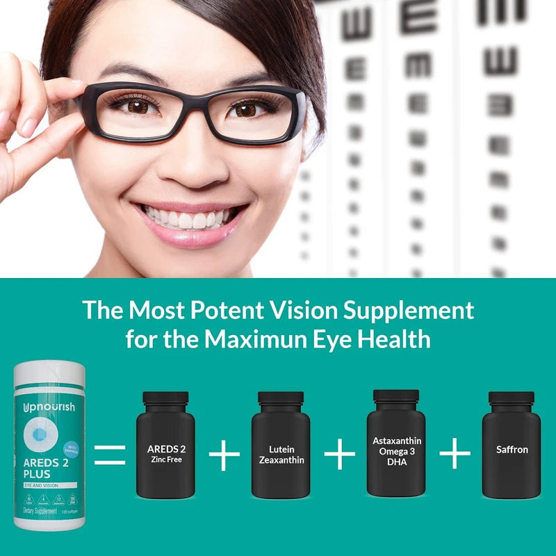 UpNourish AREDS 2+ Advanced Eye Vitamin | Eye Health | Macular & Dry Eye Support | Lutein, Zeaxanthin, Saffron, Astaxanthin & DHA | 120 Softgels