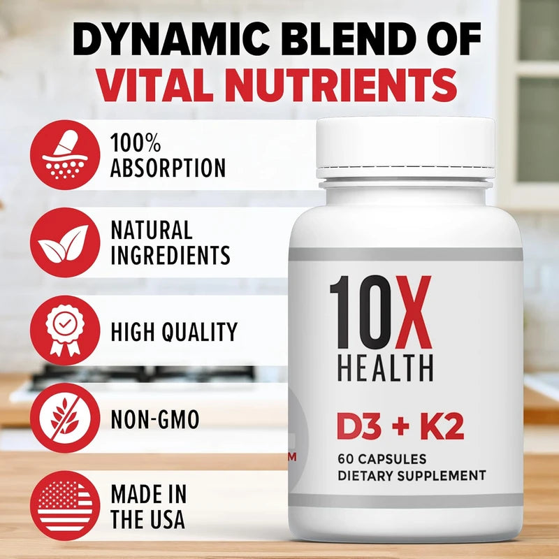 Vitamin D3 K2, 10X Health Vitamin D3 K2 - Loaded with 125 mcg Vitamin D and 90 mcg Vitamin K (Menaquinone 7) - D3 and K2 Supplements That Support Bone Health, Heart and Teeth - 60 Capsules