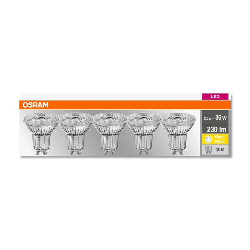 Osram LED Base PAR16, Socket: GU10, Non-Dimmable, Warm White, Replaces a Standard 35 Watt Lamp, 36 Degree Beam Angle, Pack of 5