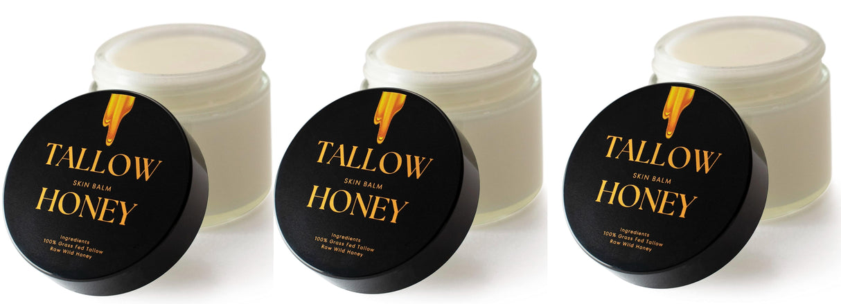 3 Pack Tallow Honey Moisturizer | Only 2 Ingredients: 100% Grass-Fed Tallow + Raw Wild Honey | Handmade in USA | Unscented Face & Body Balm – 2 oz
