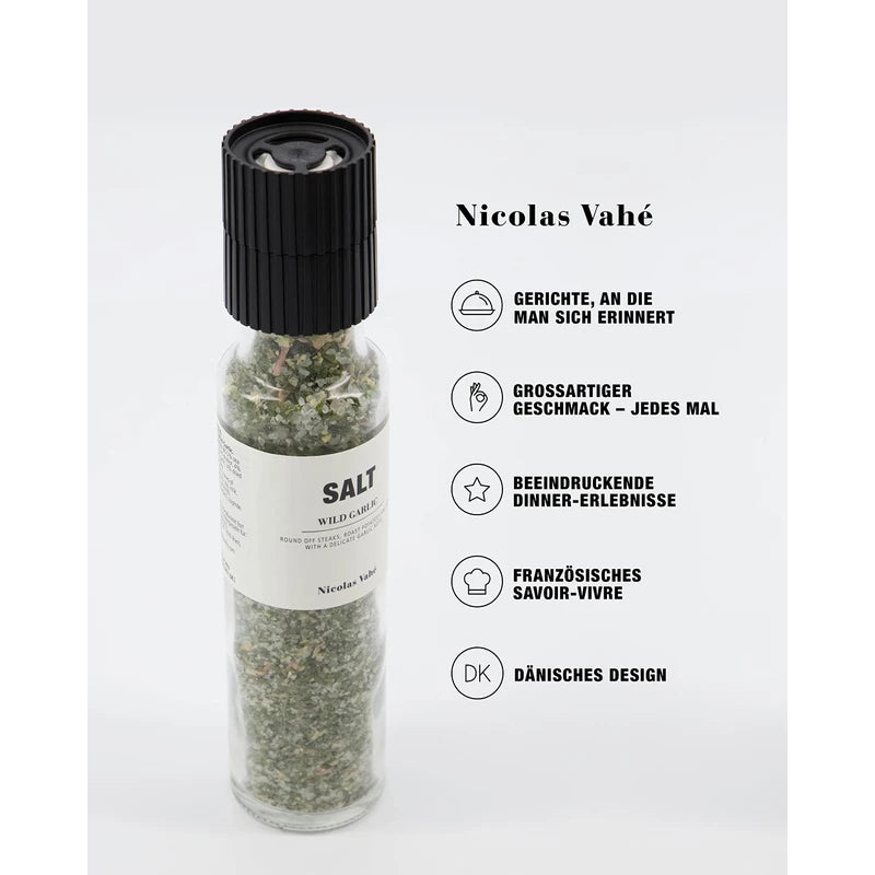 Nicolas Vahe Sea Salt with Wild Garlic, Ceramic Salt and Herb Mill, French Sea Salt in Danish Design