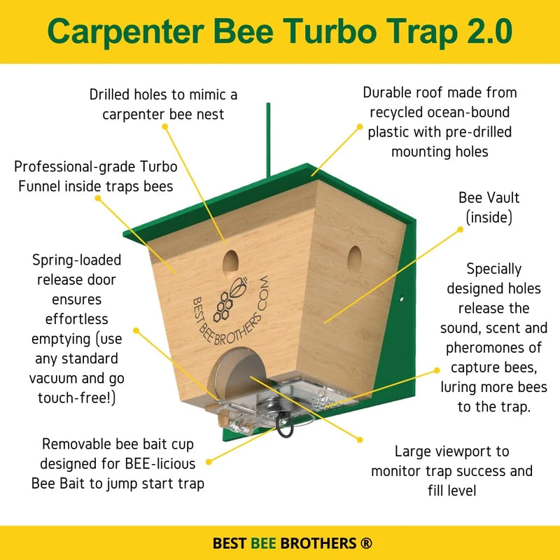 Best Bee Brothers Best Bee Brother Turbo Trap 2.0, Professional-Grade Carpenter Bee Trap for Outside with Bee Vault, Large Viewport & Spring-Loaded Door, 4.1 W x 4.8 H x 5.9 D (2 Pack)