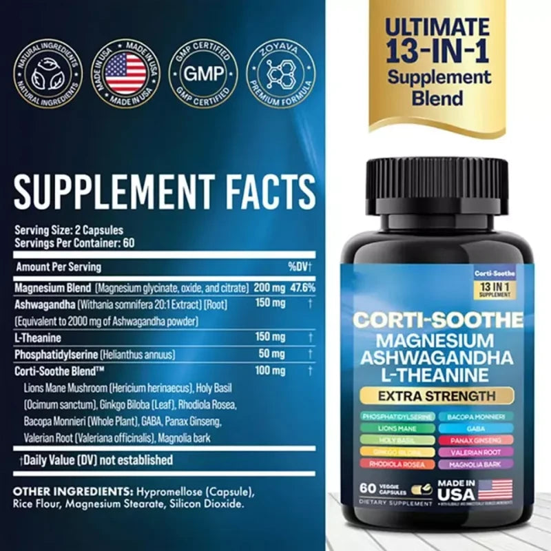 CORTI-SOOTHE Cortisol Support – Magnesium, Ashwagandha & L-Theanine for Natural Stress Relief, Relaxation & Adrenal Health