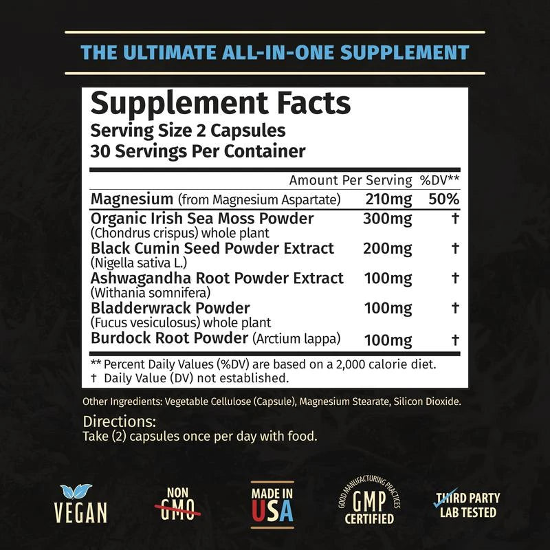 Rooted Origins Sea Moss Multimineral with Magnesium, Ashwagandha, Black Cumin Seed, Burdock Root, and Bladderwrack, Premium All-in-1 Formula, 60 Capsules, MADE IN USA