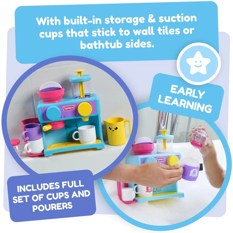 TOMY Toomies Bath Barista - Pretend Cafe Baby Bath Toys - Wall Mounted Bubble Bath Play Kitchen Toddler Toys - Kids Kitchen Set Includes 3 Cups, 1 Jug, 1 Shaker - +18 Months Boys Toys & Girls Toys