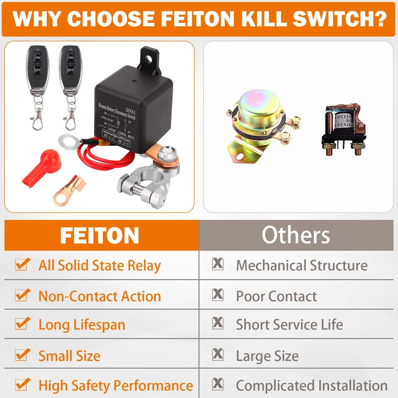 Remote Battery Disconnect Switch Upgraded Kill Switch for Car Truck DC12V 200A Remote Control Anti-Theft Prevent Battery Drain Isolator (Black Negative Wire at The Bottom)(360A Starting Current)