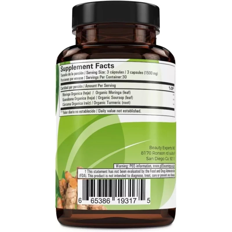 B-Expert Moringa, Guanabana y Cúrcuma (Moringa, Guanábana y Cúrcuma) 90 cápsulas 1500 mg