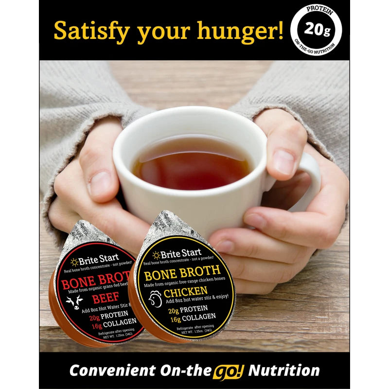 Brite Start Bone Broth - Beef Bone Broth - 12 Count - Keto Friendly Concentrate Packed with 16g Collagen, 20g Paleo Protein -Made from Organic Grass Fed Beef Bones- Single Serve Packets