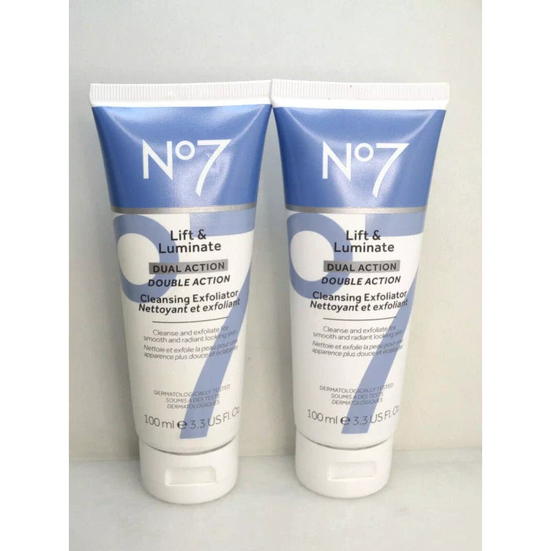 No7 LIFT & LUMINATE DUAL ACTION CLEANSING EXFOLIATOR 3.3 OZ NWOB LOT OF 2