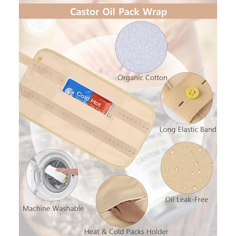 MUZAMOX MUZAMOX Castor Oil Organic Cold Pressed Unrefined Glass Bottle (8fl.oz/237ml), Castor Oil Pack Wrap Organic Cotton and Castor Oil Packs for Liver Detox