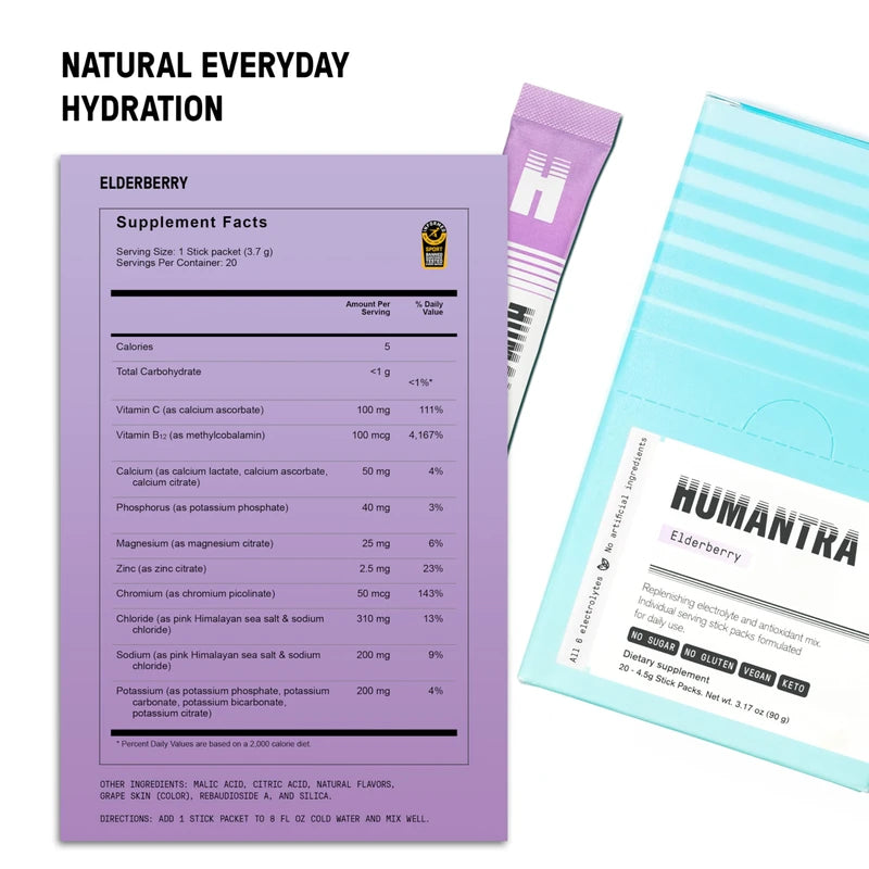 Humantra Hydration Packets | Zero Calorie, Zero Sugar Electrolyte Hydration Multiplier w/Essential Minerals & 6 Electrolytes | Electrolytes Powder (20 Count, Elderberry)