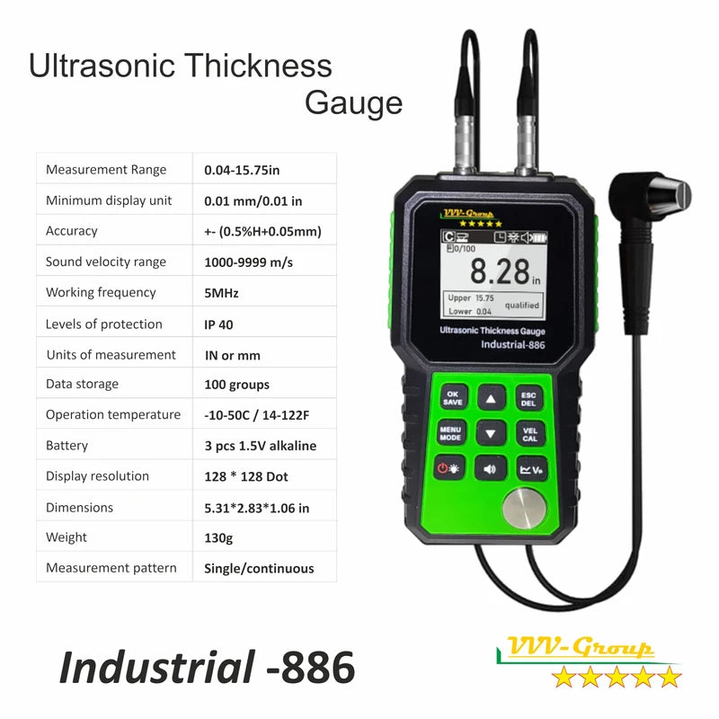 Ultrasonic Thickness Tester Industrial-886 / Digital Metals Thickness Gauge with Range 0.04-15.75in(1-400mm) / Industrial Measuring Instrument