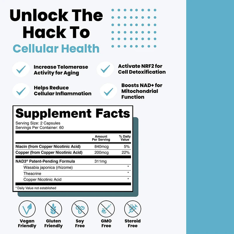 HPN Supplements NAD3 NAD+ Booster | Value Size 2 Month Supply | Clinically Proven & Independently Tested - Metabolic Repair | 311 mg per Serving - 120 Capsules