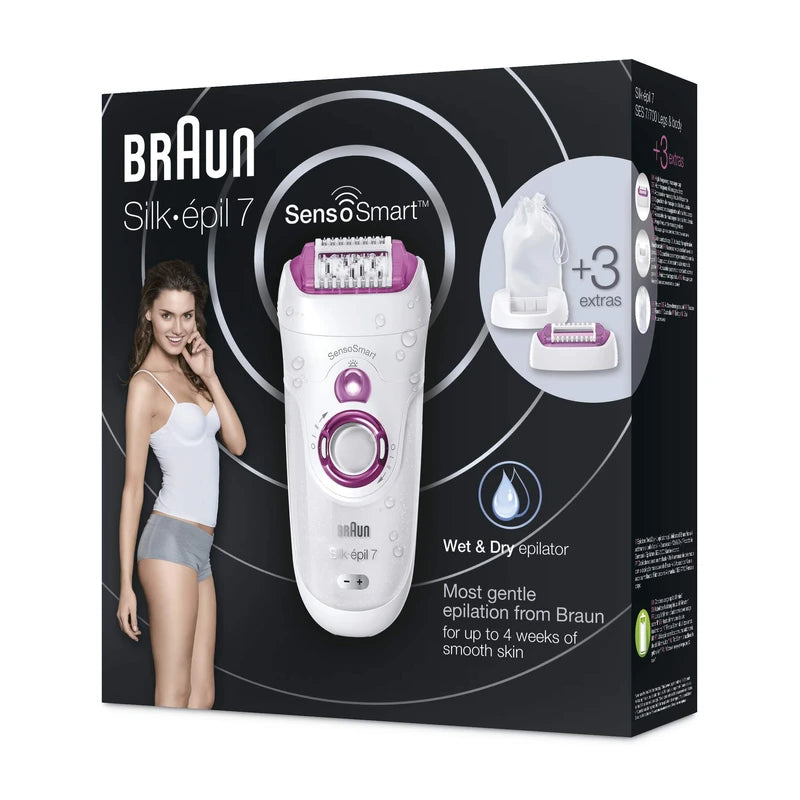 Braun Silk-Epil 7 7-700 SensoSmart Cordless Wet and Dry Epilator with 3 Extras, Pink