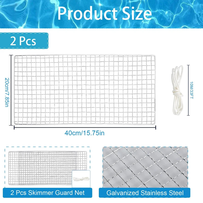 2 Pcs Skimmer Guard, 2025 Upgraded Stainless Steel Swimming Pool Skimmer Net Leaf Shield Net for Inground or above Ground Vinyl Lined Fiberglass Pools(7.87"x 15.74", Fit Over All Skimmer Openings)