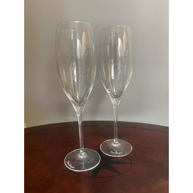Dom Perignon Signed DOM PERIGNON Crystal Etched SHIELD LOGO 9 1/8" CHAMPAGNE FLUTES Set Of 2