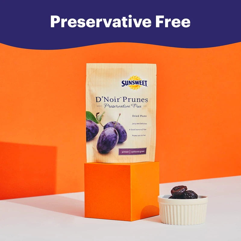 Sunsweet D'Noir Preservative Free Prunes | Pitted, Gluten Free, Vegan, Low Fat, Unsweetened, Unsulfured, No Added Sugar, No Preservatives | Dietary Fiber + other Natural Minerals | 8 oz Pouch