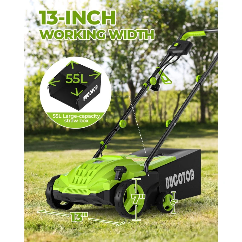 BUCOTOD 2-in-1 Electric Dethatcher and Scarifier, 13-Inch Raking & Scarifying, Turf Dethatcher & with 4-Position Height Adjustment, 14.5 gal Removable Thatch Bag for Lawn Health