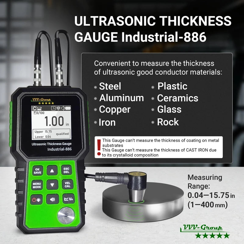 Ultrasonic Thickness Tester Industrial-886 / Digital Metals Thickness Gauge with Range 0.04-15.75in(1-400mm) / Industrial Measuring Instrument