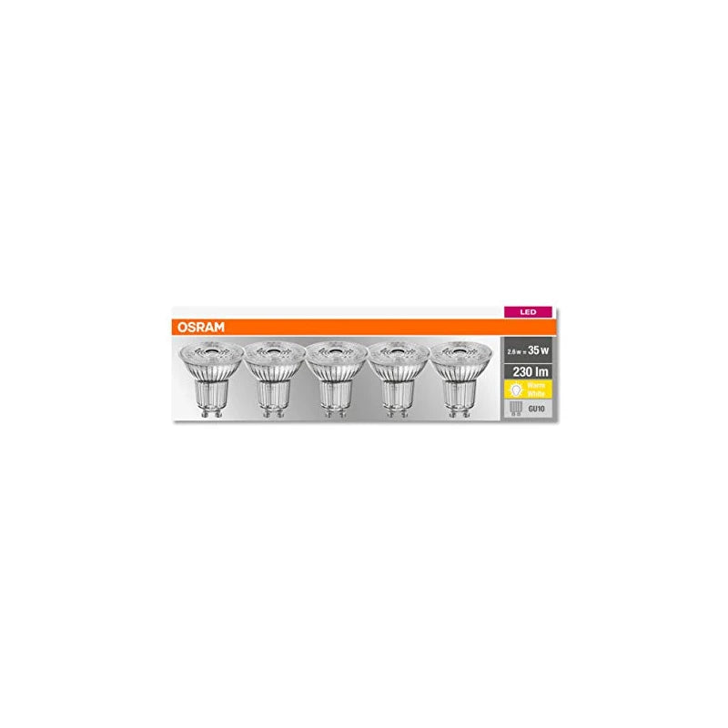 Osram LED Base PAR16, Socket: GU10, Non-Dimmable, Warm White, Replaces a Standard 35 Watt Lamp, 36 Degree Beam Angle, Pack of 5