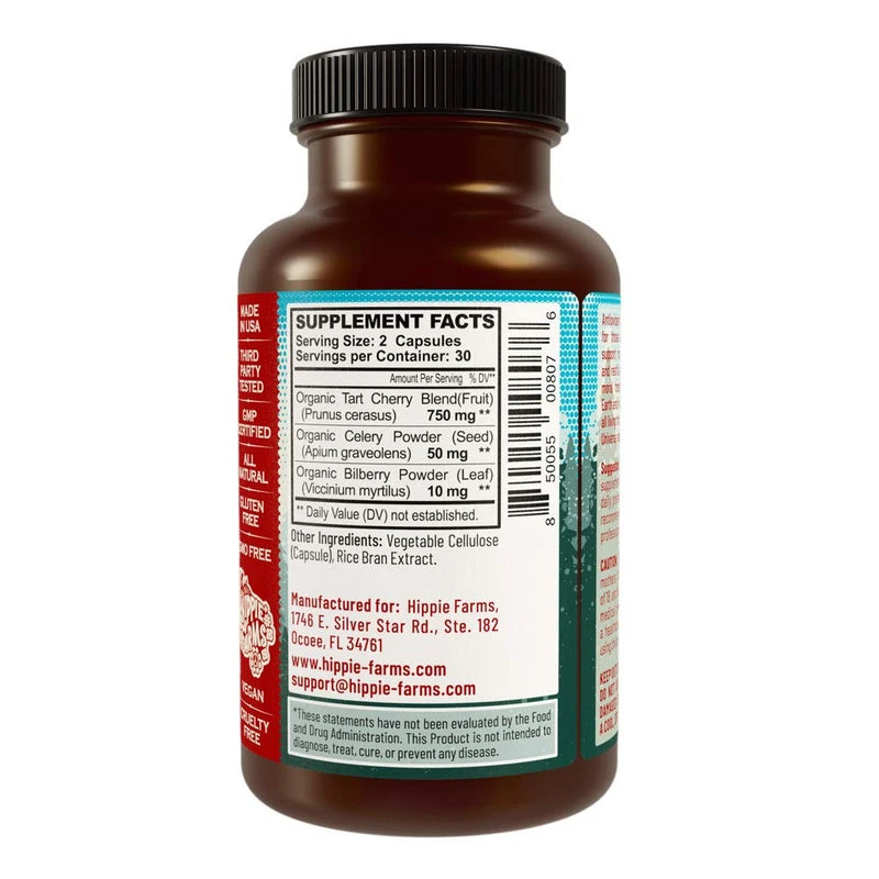 Hippie Farms Tart Cherry Capsules Grown in USA - Lumberjack Strength Blend - Tart Cherry Powder with Bilberry 90 Vegan Pills