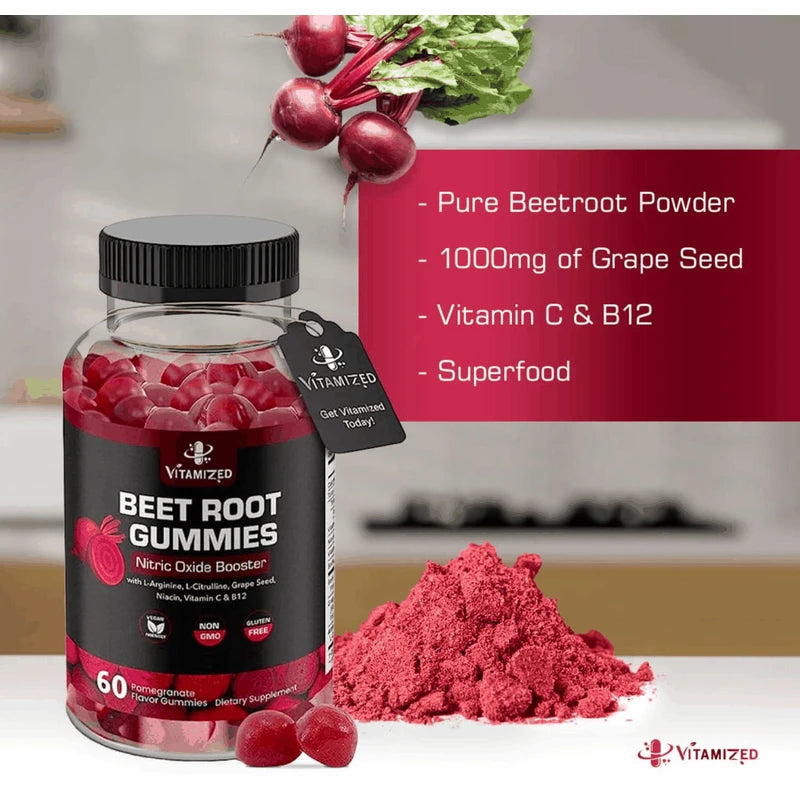 Vitamized Beet Root Gummies Super Nitric Oxide Beets Supplement 60 Chewables Red Beetroot