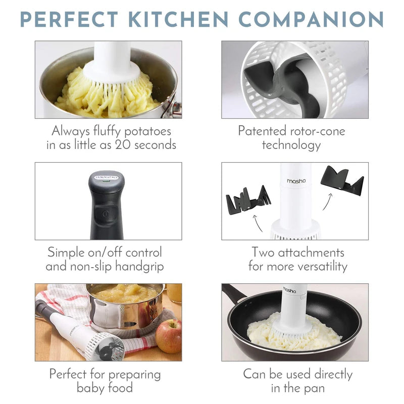 Masha Official Electric Potato Masher Hand Blender 3-in-1 Multi Tool Blends Purees Whisks - Immersion Mixer - Vegetables & Potatoes - Soup Maker