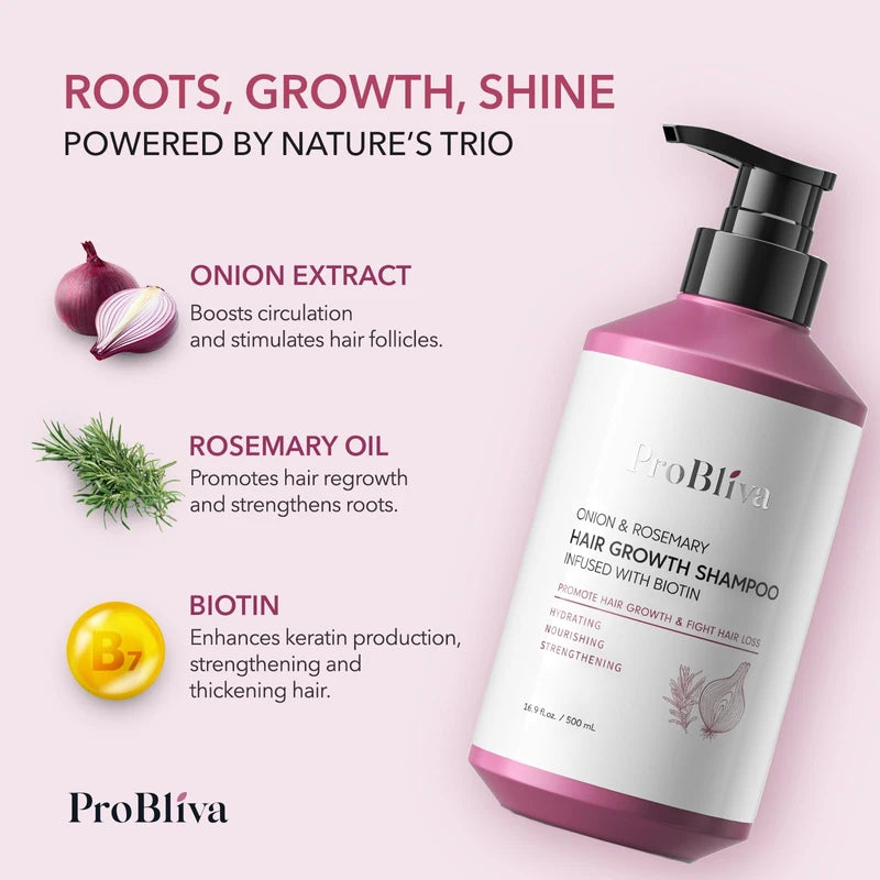 ProBliva Onion & Rosemary Hair Growth Shampoo: Biotin Infused Shampoo for Hair Loss and Thinning Hair - Promotes Healthier, Thicker and Stronger Hair for Women and Men - 16.9 oz