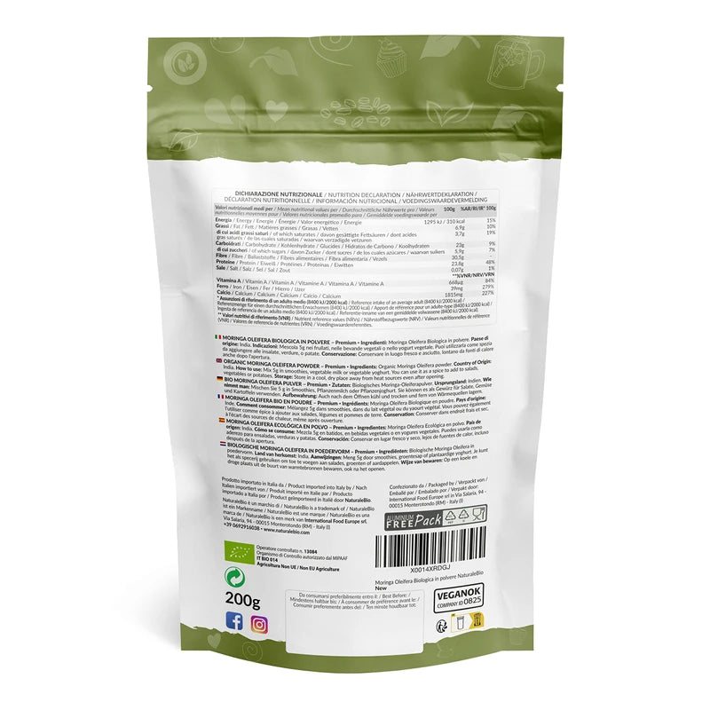 Organic Moringa Oleifera Leaf Powder - Premium Quality - 200g. Bio, Natural and Pure. Leaves Picked from The Moringa Oleifera Plant. NaturaleBio