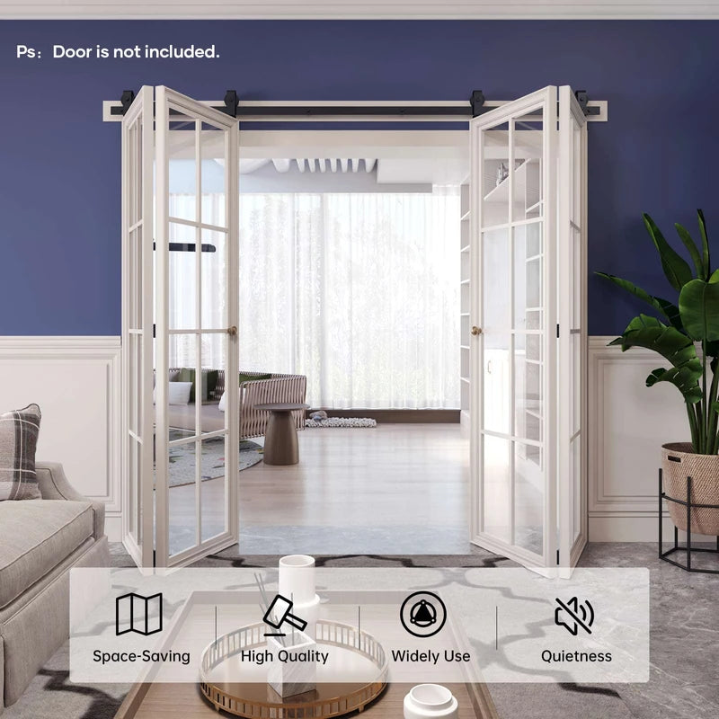 FINOSEN 100 inch Bifold Barn Door Hardware Track Kit for Four 24 inch Closet Doors,Top Mount Sliding System,Heavy Duty Roller,Smoothly and Quietly,Black(Bifold Door Not Included)