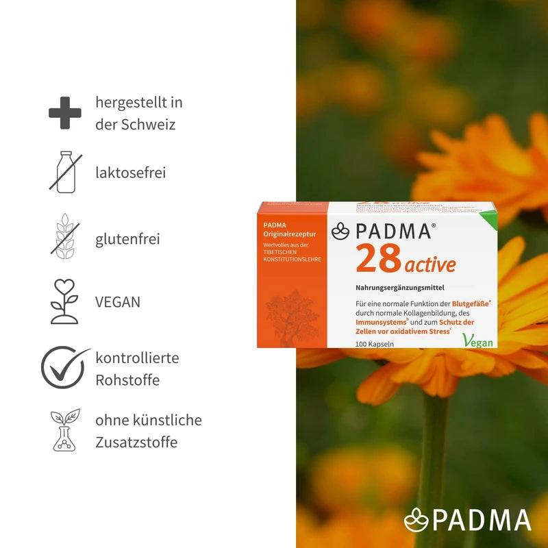 PADMA 28 active 100 Caps. Tibetan Formula 28 of Herbs & Minerals + Vitamin C. It Supports an Active Immune System, Blood Vessels, Regeneration & Protection Against Oxidative Stress