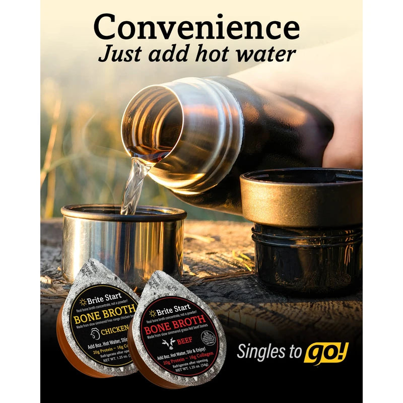 Brite Start Bone Broth - Beef Bone Broth - 12 Count - Keto Friendly Concentrate Packed with 16g Collagen, 20g Paleo Protein -Made from Organic Grass Fed Beef Bones- Single Serve Packets