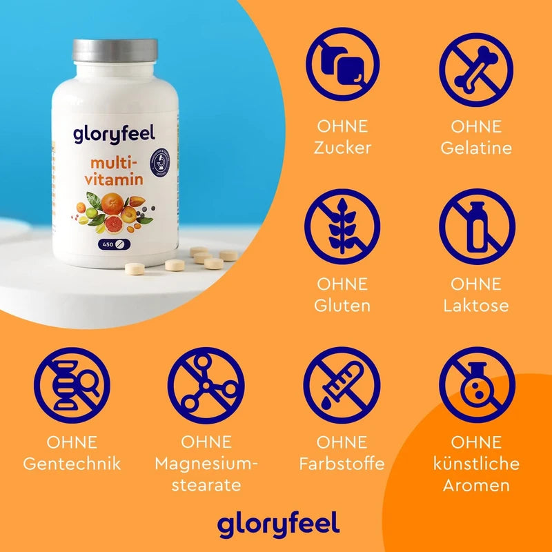 gloryfeel High Dose Multivitamin, 450 Tablets (15 Months), All Valuable A-Z Vitamins and Minerals, Supports the Immune System, Laboratory Tested without Additives, Made in Germany