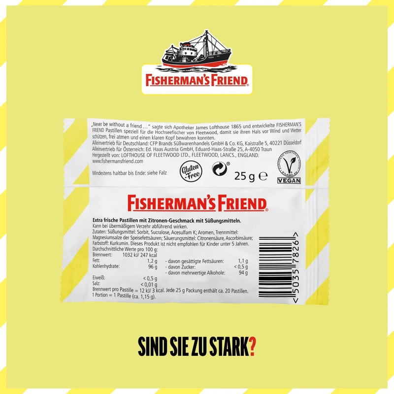 Fisherman's Friend Lemon, 24er Vorratsbox, Zitrone und Menthol Geschmack, zuckerfrei & vegan, Bonbons für frischen Atem, 24 x 25g
