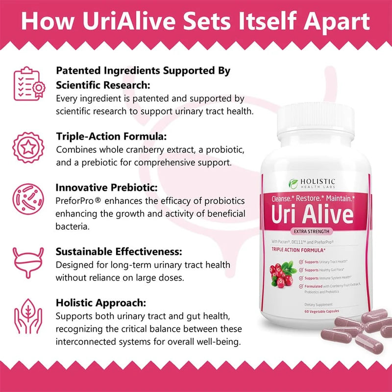 Uri Alive Extra Strength Urinary Support Supplement for Urinary Tract, Bladder, Gut Flora, and Immune System Health (60 Count (Pack of 2))