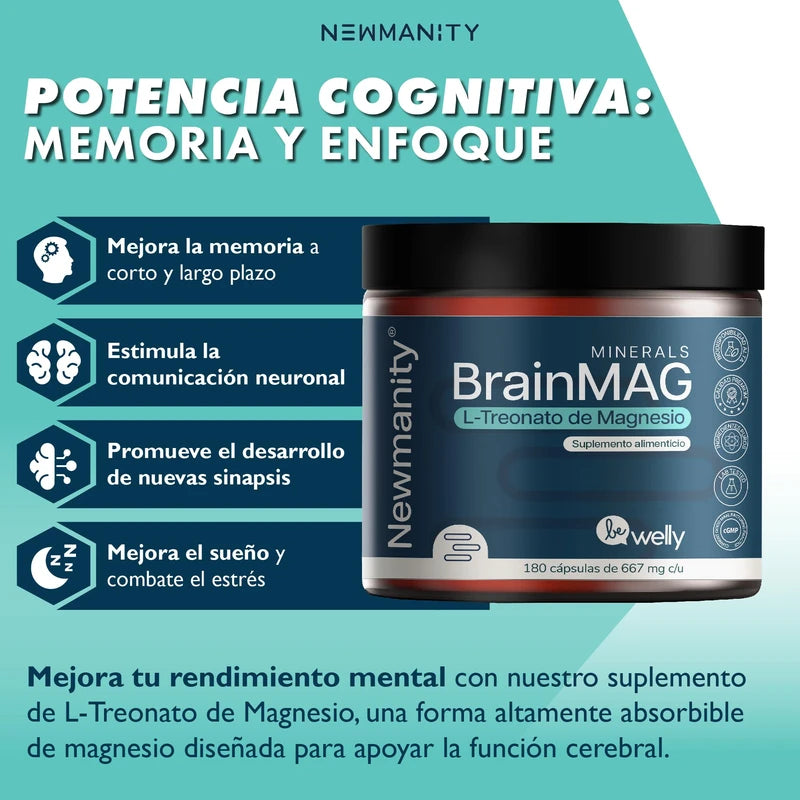 NEWMANITY BrainMAG Treonato de Magnesio - 180 Cápsulas de Alta Absorción, Suplemento Nootropico para Concentración, Memoria, Relajación, Sueño y Bienestar Mental, Fórmula de L-Treonato de Magnesio