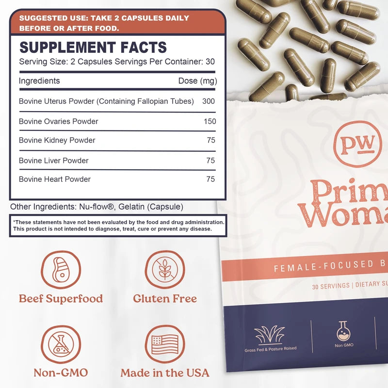 Primal Woman Primal Woman Beef Organ Supplement for Women - Beef Liver for Women, Grass Fed Beef Liver Supplement, Grassfed Beef Liver Supplement for Women | Primal Beef Liver Capsules Women (60 Capsules)