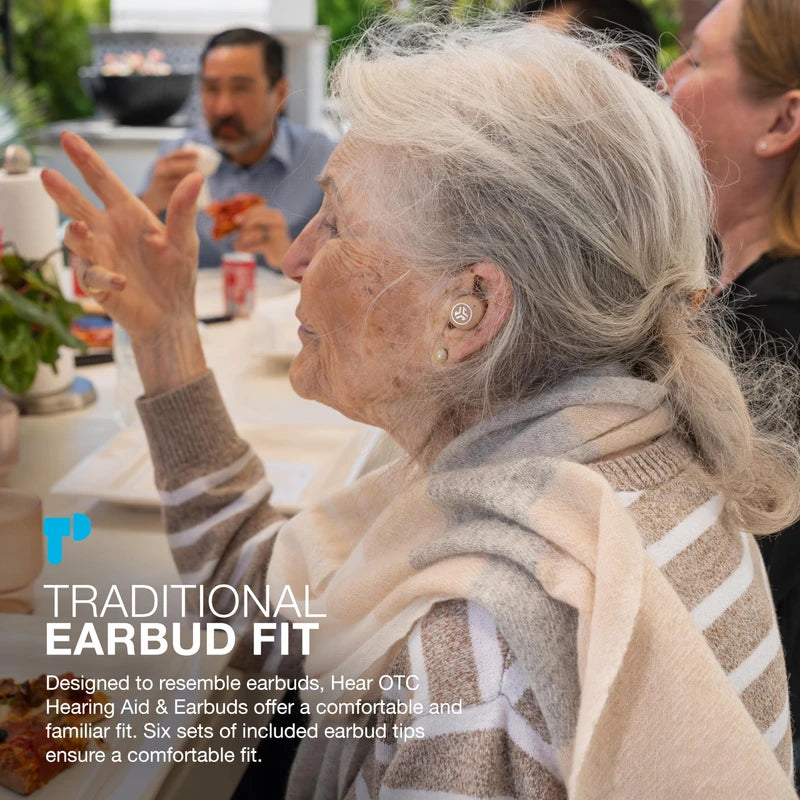 JLab Hear OTC Hearing Aid & Earbuds, Beige, Traditional Earbud Fit, Four Preset Hearing Modes, In-Ear Detection and Built-in Feedback Suppression, Independent Volume Control and Touch Controls