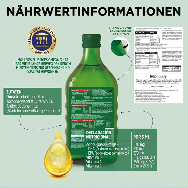 Möller's Omega 3 Cod Liver Oil, Omega 3 Dietary Supplement with EPA, DHA, Vit A, D and E, High Purity Natural Cod Liver Oil, 165 Year Old Brand, Superior Taste Award, Neutral Taste, 250 ml
