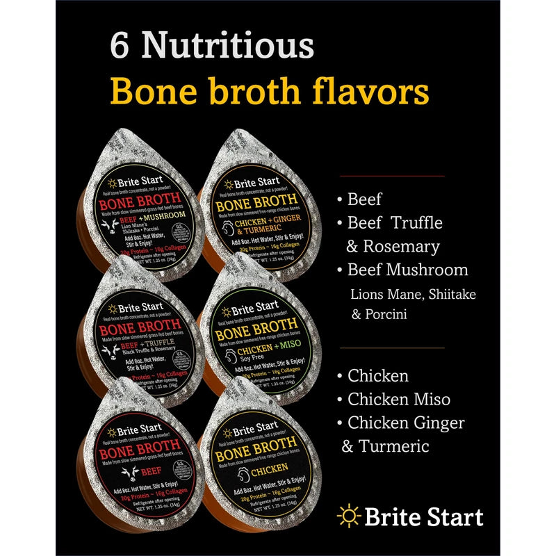 Brite Start Bone Broth - Beef Bone Broth - 12 Count - Keto Friendly Concentrate Packed with 16g Collagen, 20g Paleo Protein -Made from Organic Grass Fed Beef Bones- Single Serve Packets