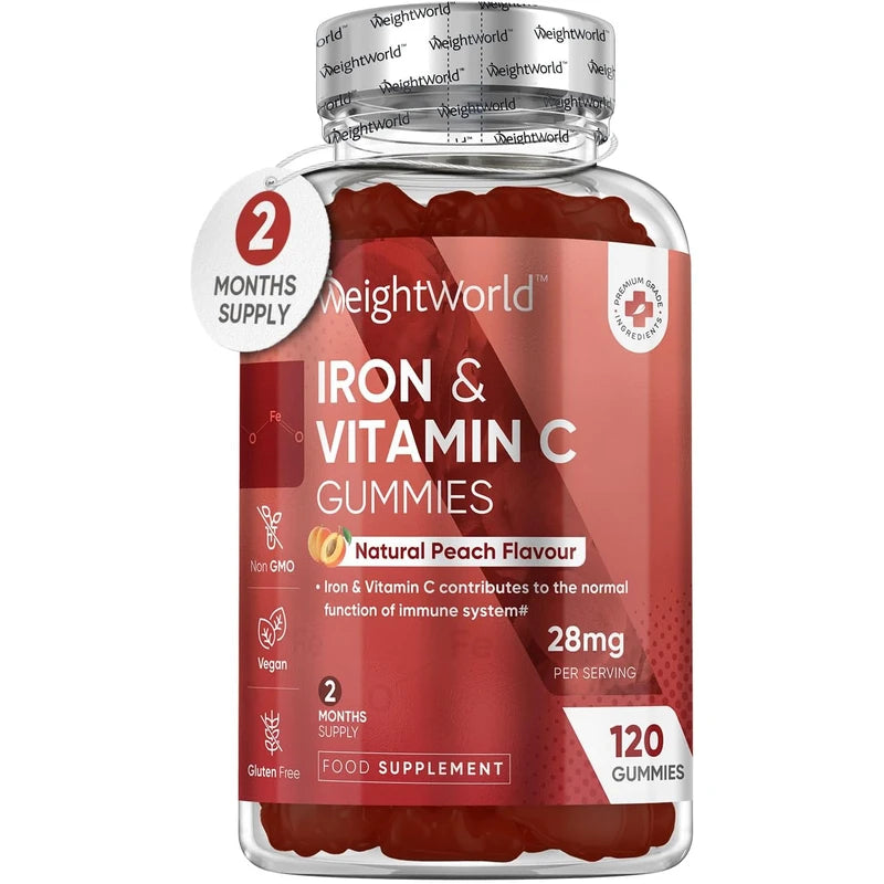 Iron Gummies with Vitamin C - 28mg - 120 Ferrous Fumarate Gummies (2 Months Supply) - Tasty Alternative to Iron Tablets - Immunity & Energy Supplements - Vegan Iron Supplements for Women & Men