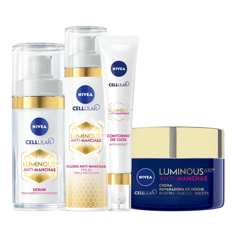 NIVEA Kit Anti-manchas Rutina Facial Completa Luminous 630 (4 piezas), Enriquecida con Ácido Hialurónico Serum facial + Fluido facial con Vitamina E y FPS50 + Contorno de Ojos Anti-ojeras + Crema de Noche Reparadora
