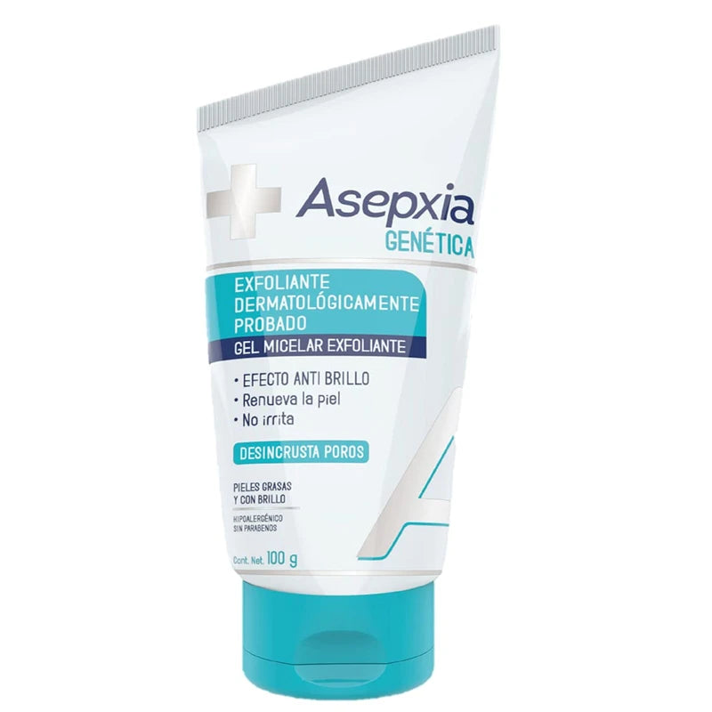 Asepxia GENÉTICA, Gel EXFOLIANTE MICELAR, dermatológicamente probado, para pieles con gen graso, limpia suavemente desincrustando los poros y removiendo células muertas, renueva la piel, con EFECTO ANTIBRILLO, tubo 100 g