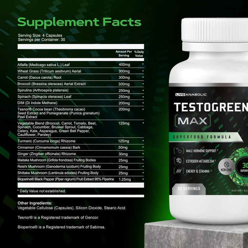 Live Anabolic TestoGreens MAX 30-Day Supply - Men’s Daily Supplement with Tesnor, DIM & Bioperine for Natural Hormone Balance, Enhanced Energy & Stamina, Includes Powerful Plant Extracts