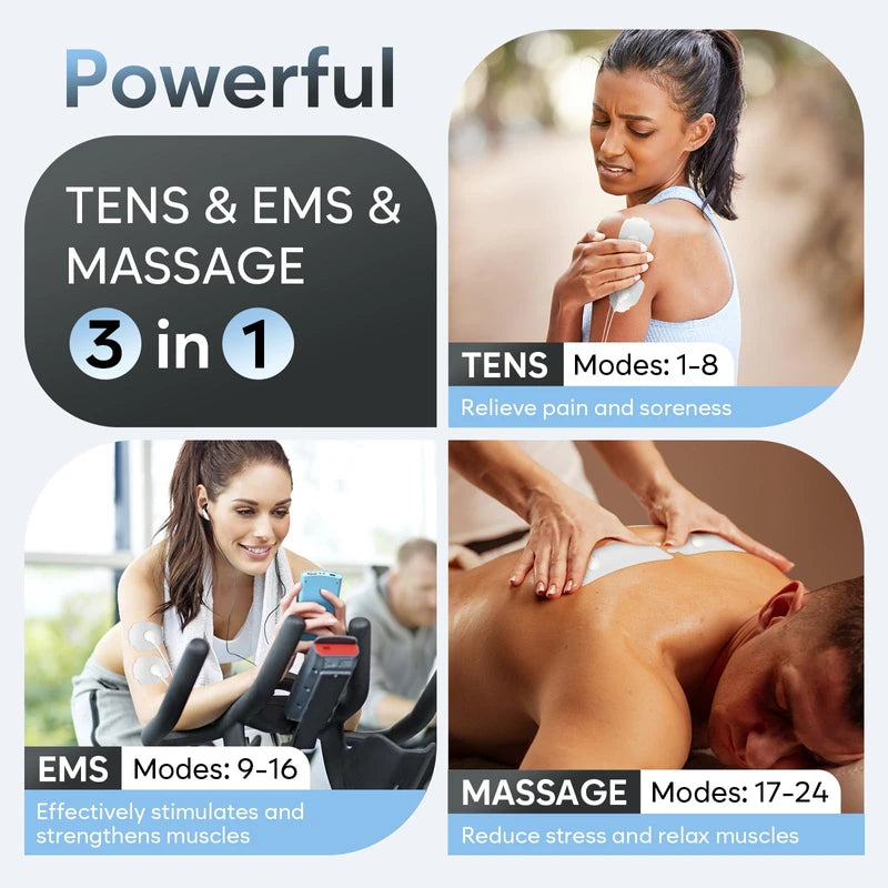 Easy@Home Tens Machine EMS: TENS Machine for Pain Relief Muscle Stimulator for Back Pain EMS | EMS Foot Massager | Back Massage Machine for Pain | Dual Channel 24 Modes 12 Pads Replacements