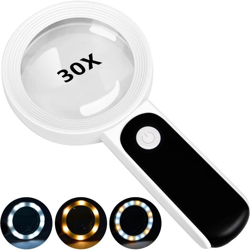 Magnifying Glass with Light, 30X Handheld Large Magnifying Glass 18LED Cold and Warm Light with 3 Modes, Illuminated Lighted Magnifier for Seniors Reading, Inspection, Coins, Jewelry, Exploring