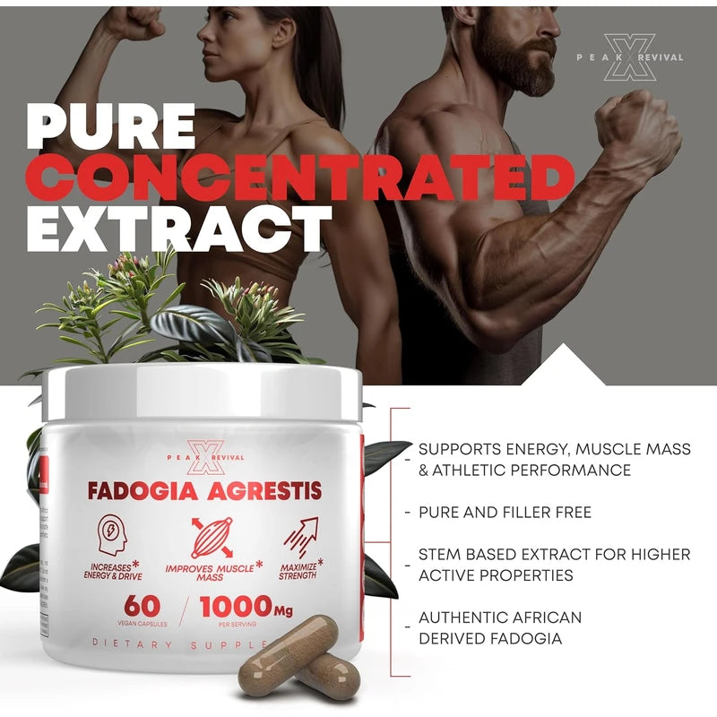 Fadogia Agrestis 1000mg Per Serving Supplement - Potent Extract to Increase Energy, Athletic Performance & Muscle Mass - Supplements, Made in The USA (60 Capsules)