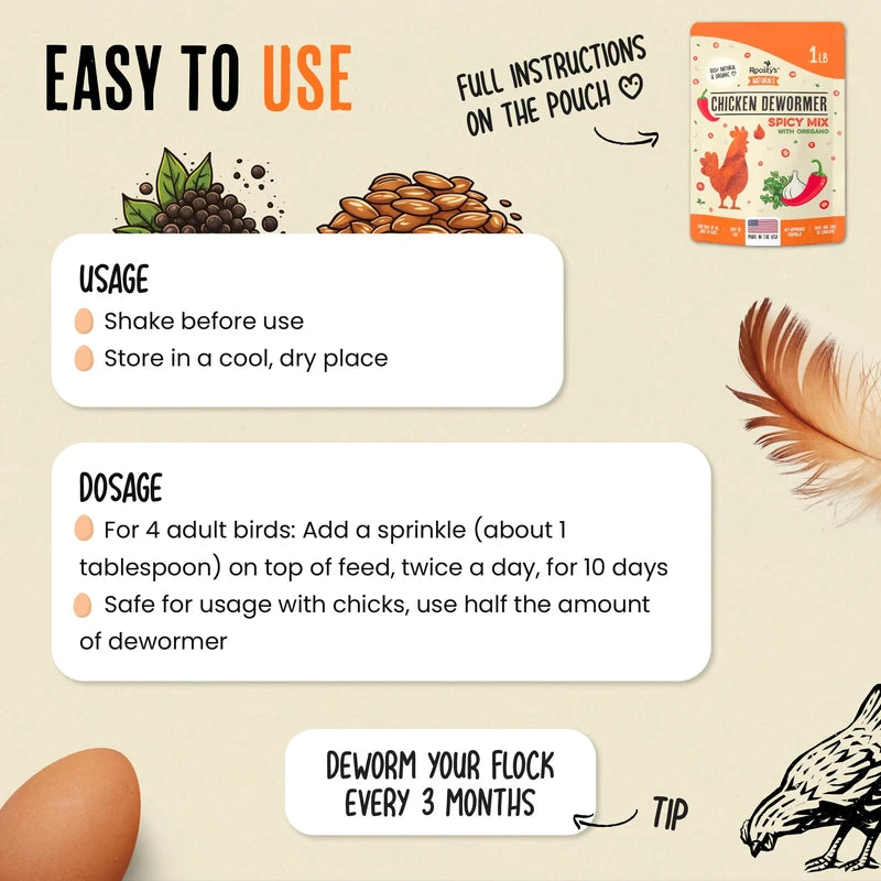 Roosty's Naturals Chicken De-Wormer Powder - Chili Mix | 1LB Pouch | All-Natural Formula | US-Made Chicken Wormer, Poultry De-Wormer | Chicken Medicine Supplies to Relieve and Safeguard from Worms