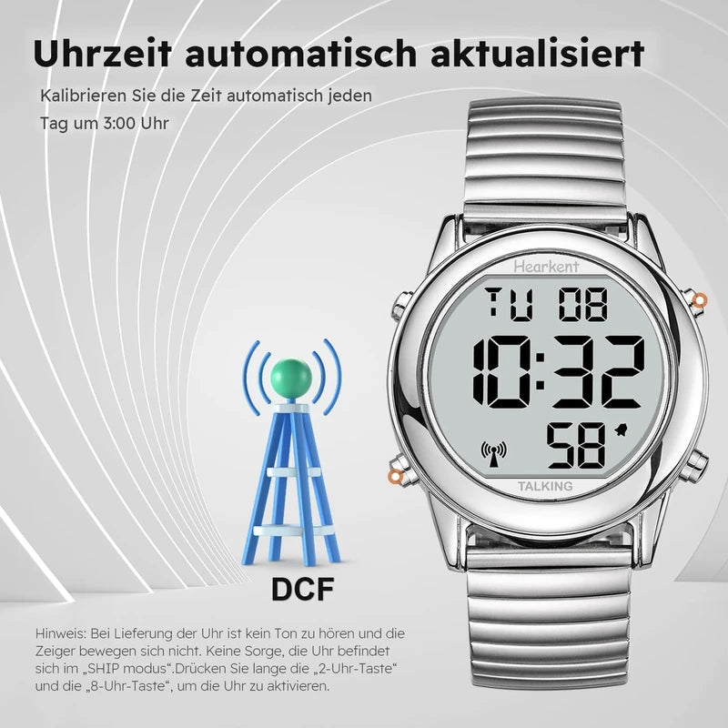 Hearkent Talking Clock Visually Impaired Radio-Controlled Clock German Voice LCD Large Number Easy to Read Senior Watch for Seniors Blind Clock, silver, Bracelet