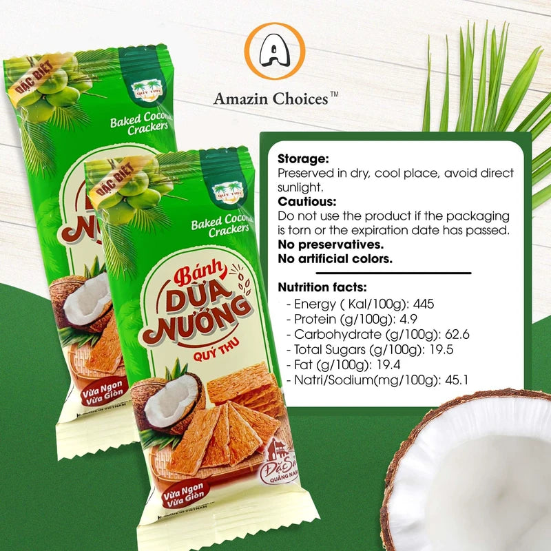 Amazin Choices Baked Coconut Crackers - Vegan, Non-GMO, Gluten-Free Coconut Snack, Crispy Snack, Party Snack, Coconut Slices Snack Viet, Coconut Chips - 7.4 Oz
